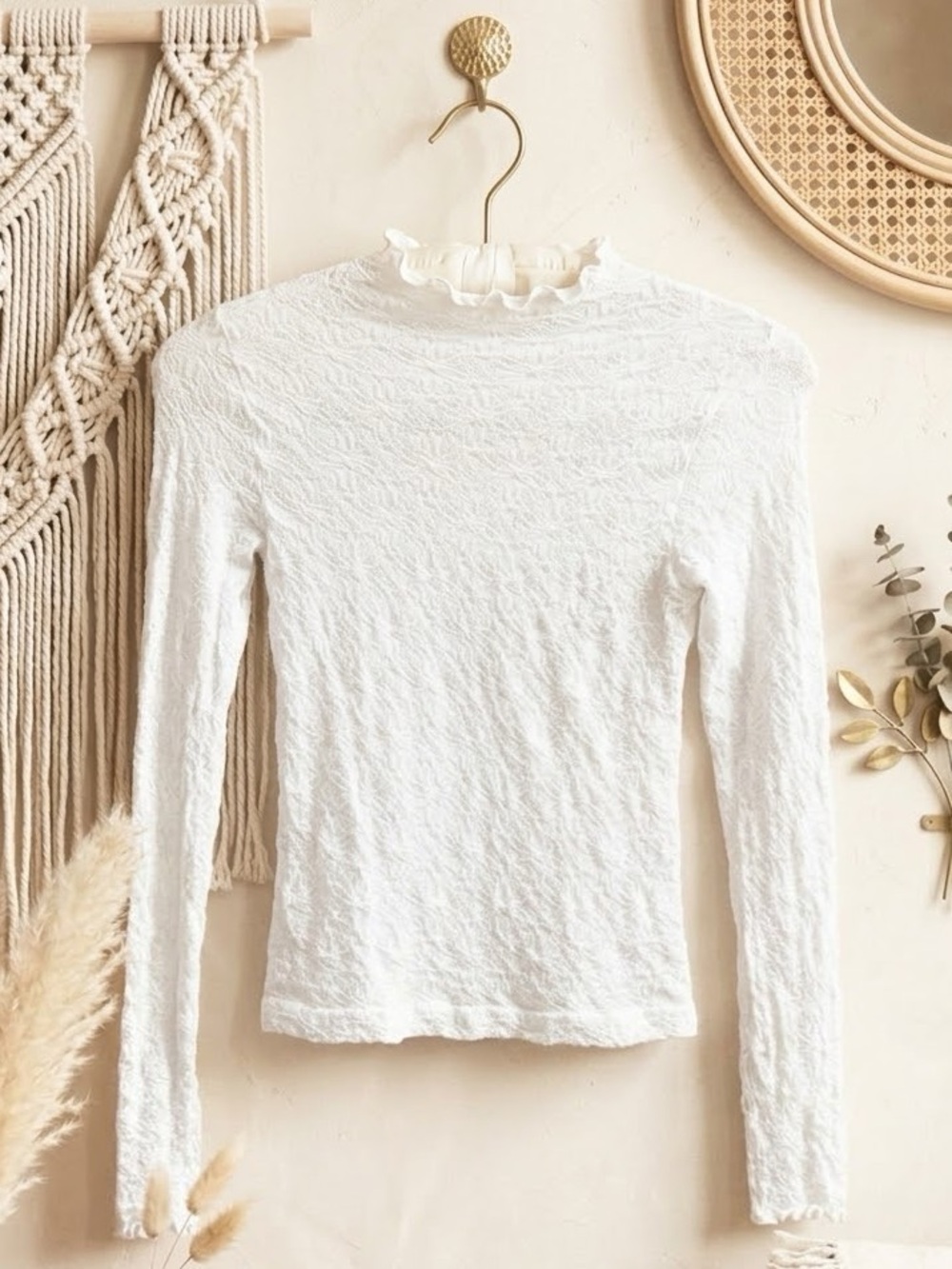 Free People Intimately White Ruffled Textured Mock-Neck Long Sleeve Top